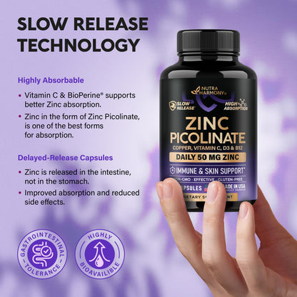 Zinc Picolinate 50mg - Immune Support, Skin Health, Slow Release | 60 Capsules