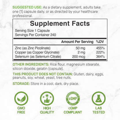 Zinc Picolinate 50mg with Selenium & Copper – 240 Capsules (8 Months) | Immune Support