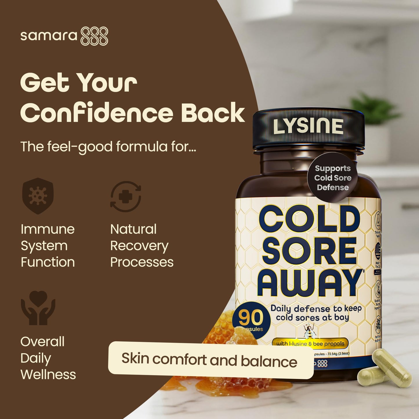 Samara 888 L Lysine Cold Sore Support – Herbal Immune Boost with Zinc & Olive Leaf, 90 Capsules