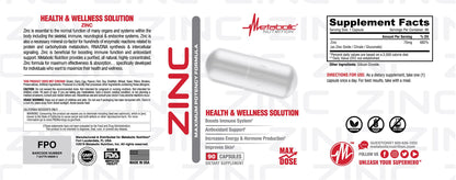 Zinc Supplement by Metabolic Nutrition 75mg, 90 Capsules | Immune Support