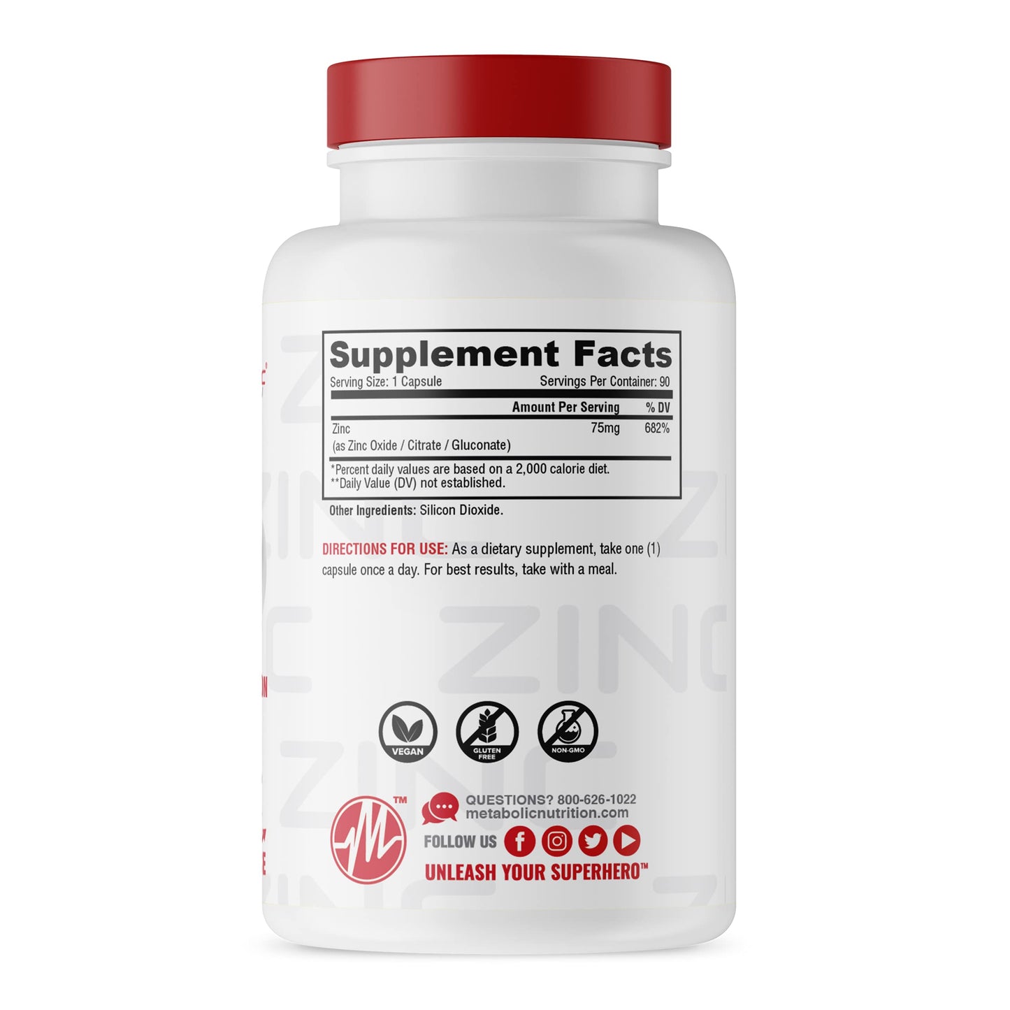 Zinc Supplement by Metabolic Nutrition 75mg, 90 Capsules | Immune Support
