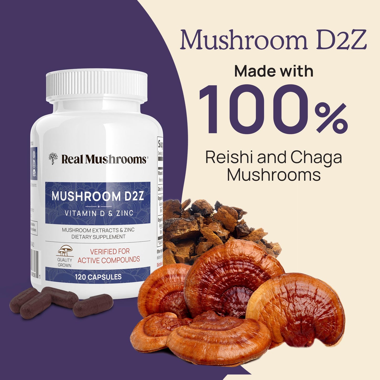 Real Mushrooms Zinc & Vitamin D2 Capsules – Organic Reishi & Chaga – Vegan, Non-GMO, Gluten-Free – 120 Count