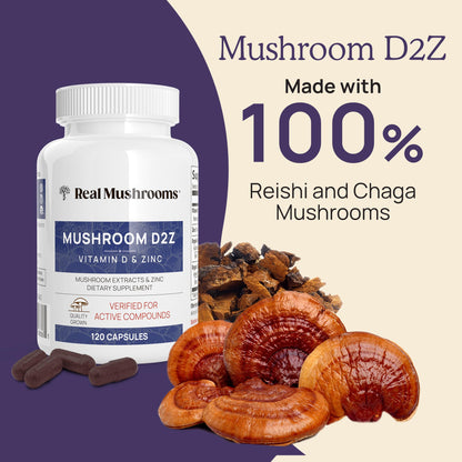 Real Mushrooms Zinc & Vitamin D2 Capsules – Organic Reishi & Chaga – Vegan, Non-GMO, Gluten-Free – 120 Count