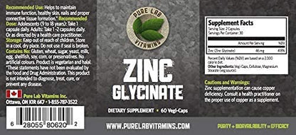 Zinc Glycinate 23 mg Supplement - 60 Vegan Caps by Pure Lab Vitamins (Canada)