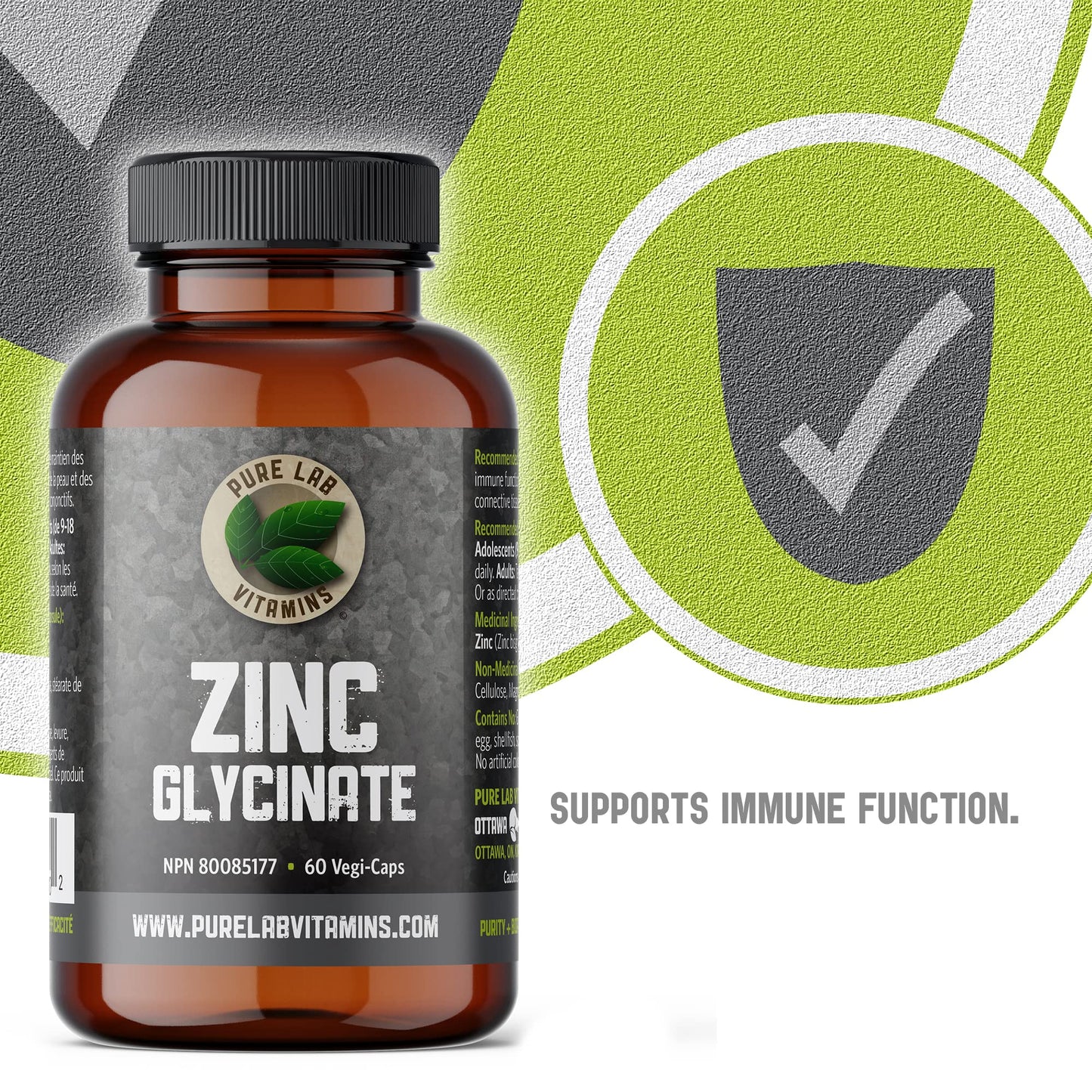 Zinc Glycinate 23 mg Supplement - 60 Vegan Caps by Pure Lab Vitamins (Canada)