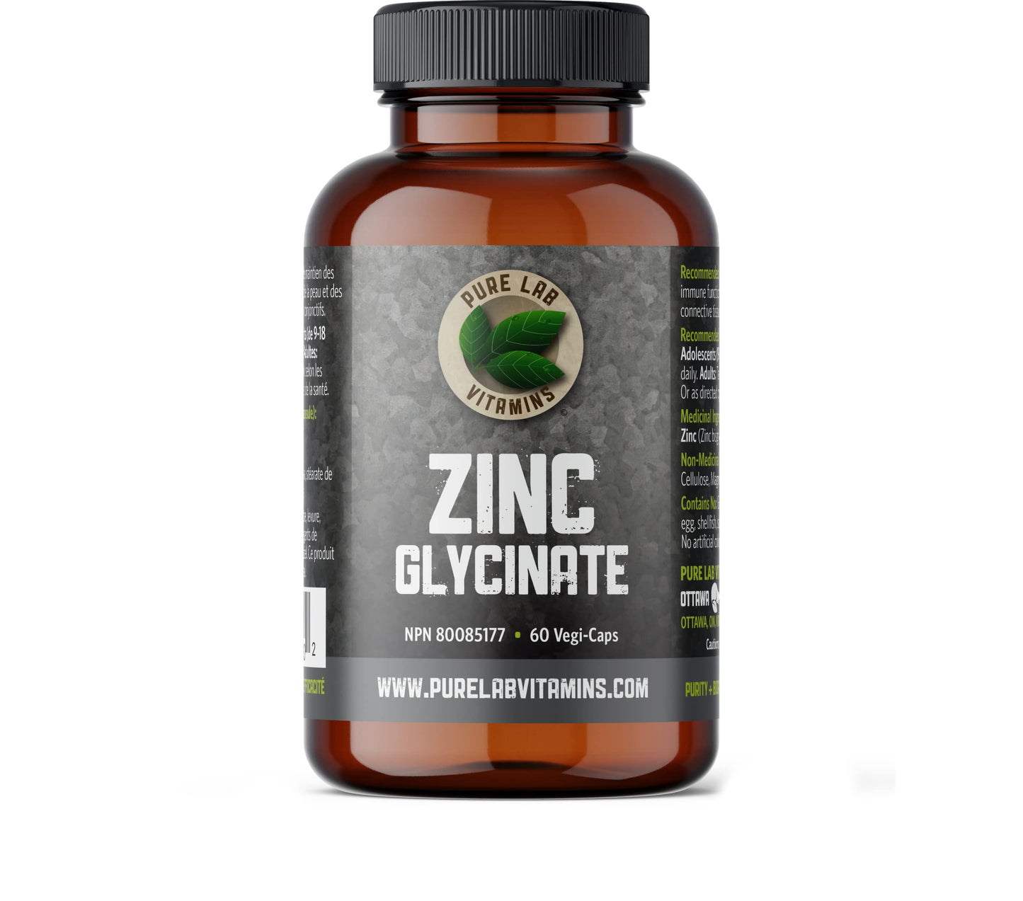 Zinc Glycinate 23 mg Supplement - 60 Vegan Caps by Pure Lab Vitamins (Canada)