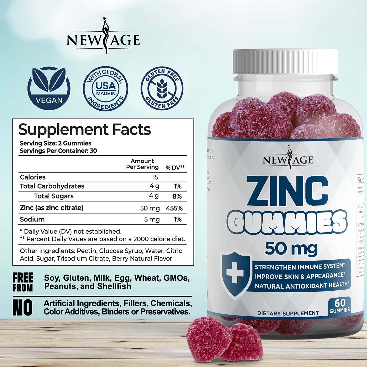Zinc Gummies 2 Pack – 50mg Immune Booster Zinc Supplement with Vitamin C | Non-GMO | New Age