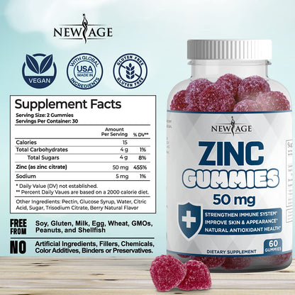 Zinc Gummies 2 Pack – 50mg Immune Booster Zinc Supplement with Vitamin C | Non-GMO | New Age