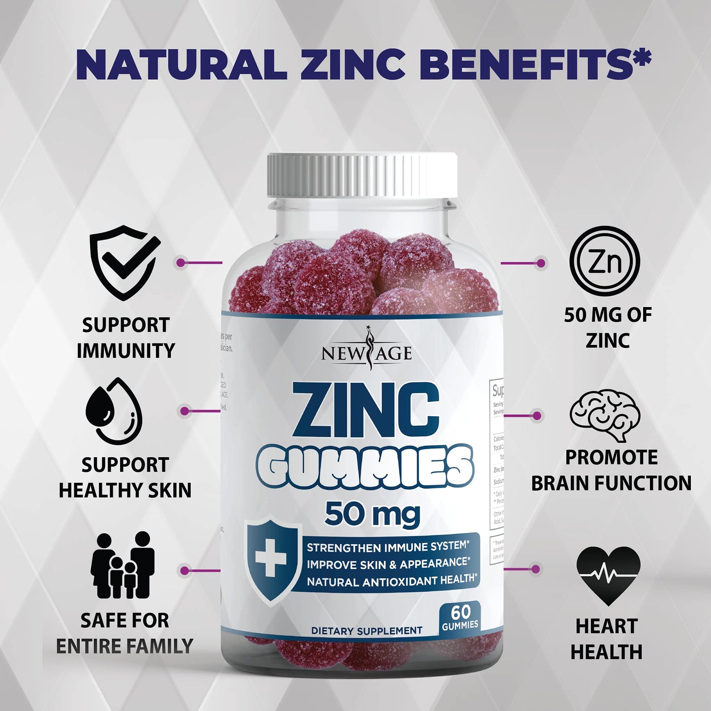 Zinc Gummies 2 Pack – 50mg Immune Booster Zinc Supplement with Vitamin C | Non-GMO | New Age