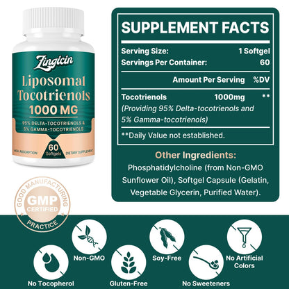 Zingicin Vitamin E Tocotrienols - Liposomal Vitamin E (1000mg), Delta & Gamma Tocotrienols, 60 Softgels