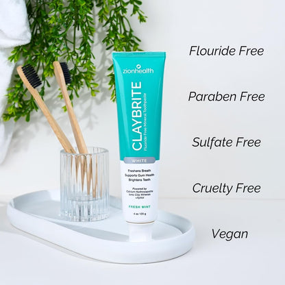 Zion Health ClayBrite Mineral Toothpaste 4 oz White – Fluoride Free, Montmorillonite Clay