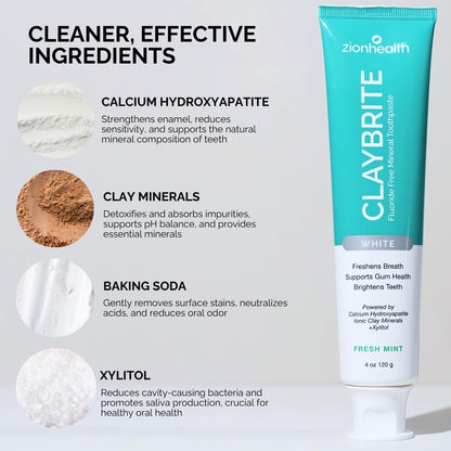 Zion Health ClayBrite Mineral Toothpaste 4 oz White – Fluoride Free, Montmorillonite Clay