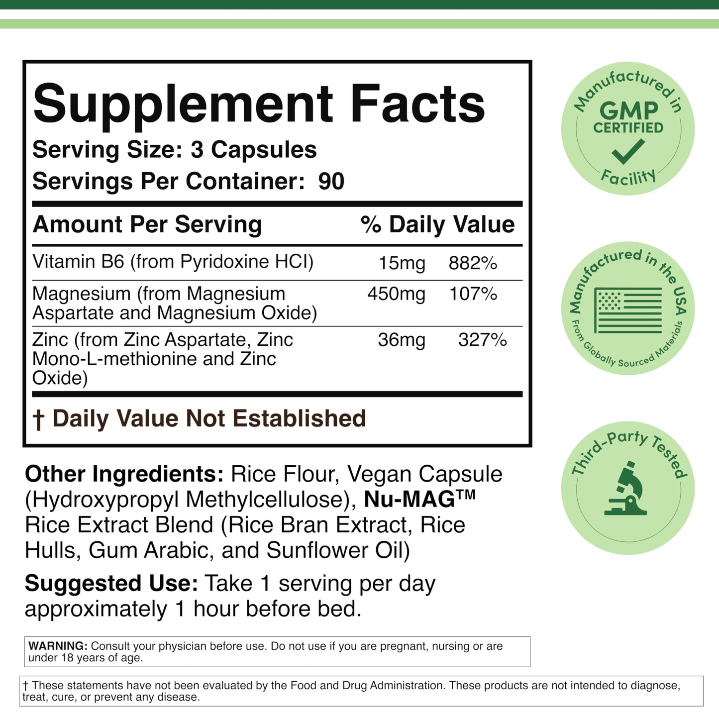 ZMA Supplement for Men and Women (Over 100% Daily Value of Zinc, Magnesium Aspartate, Vitamin B6) 501mg, 90 Capsules for Restfulness and Active Lifestyle Support by Double Wood Supplements