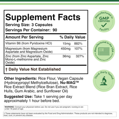 ZMA Supplement for Men and Women (Over 100% Daily Value of Zinc, Magnesium Aspartate, Vitamin B6) 501mg, 90 Capsules for Restfulness and Active Lifestyle Support by Double Wood Supplements