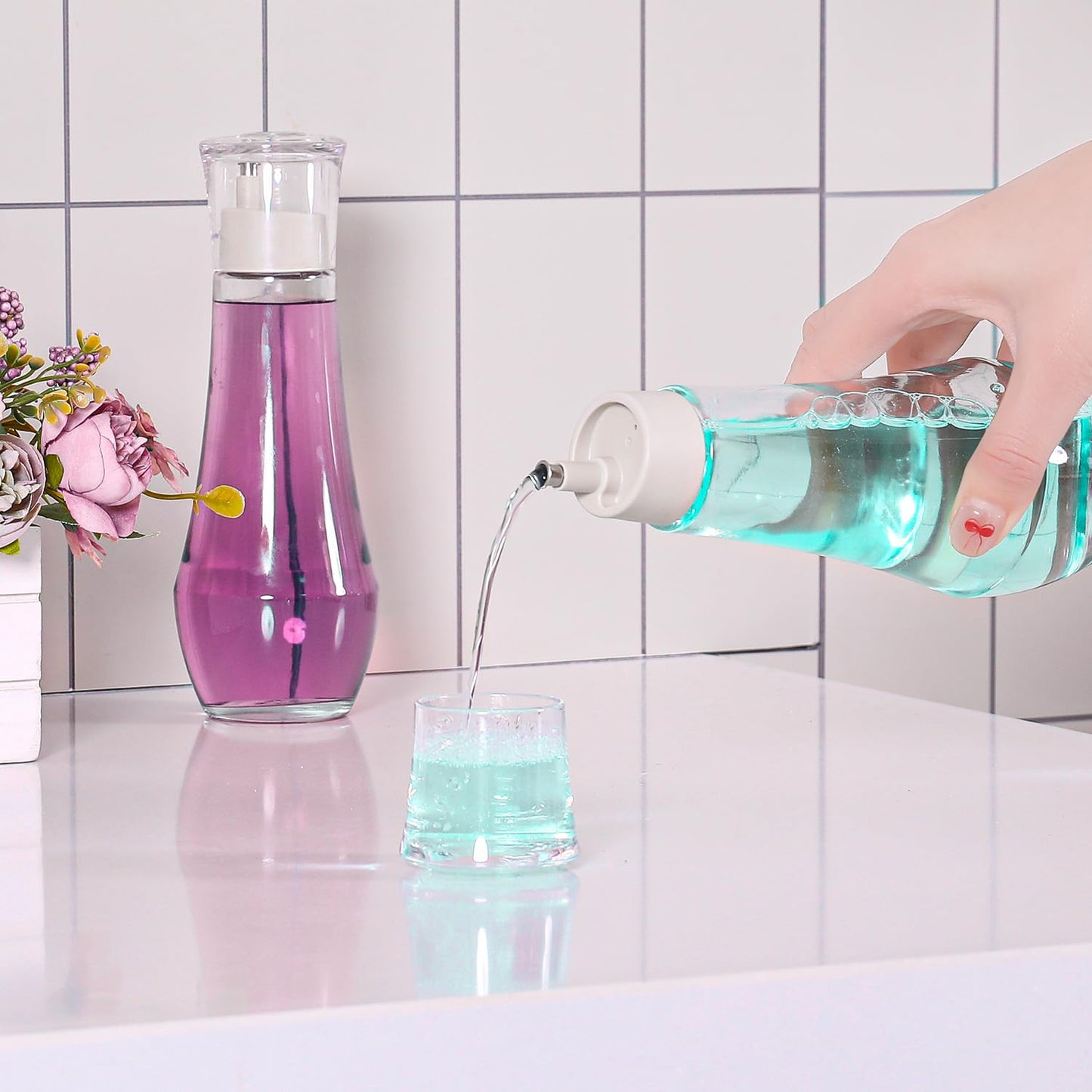 ZOBONETI Glass Mouthwash Dispenser – 8.8 oz, Set of 2, Cup Cap