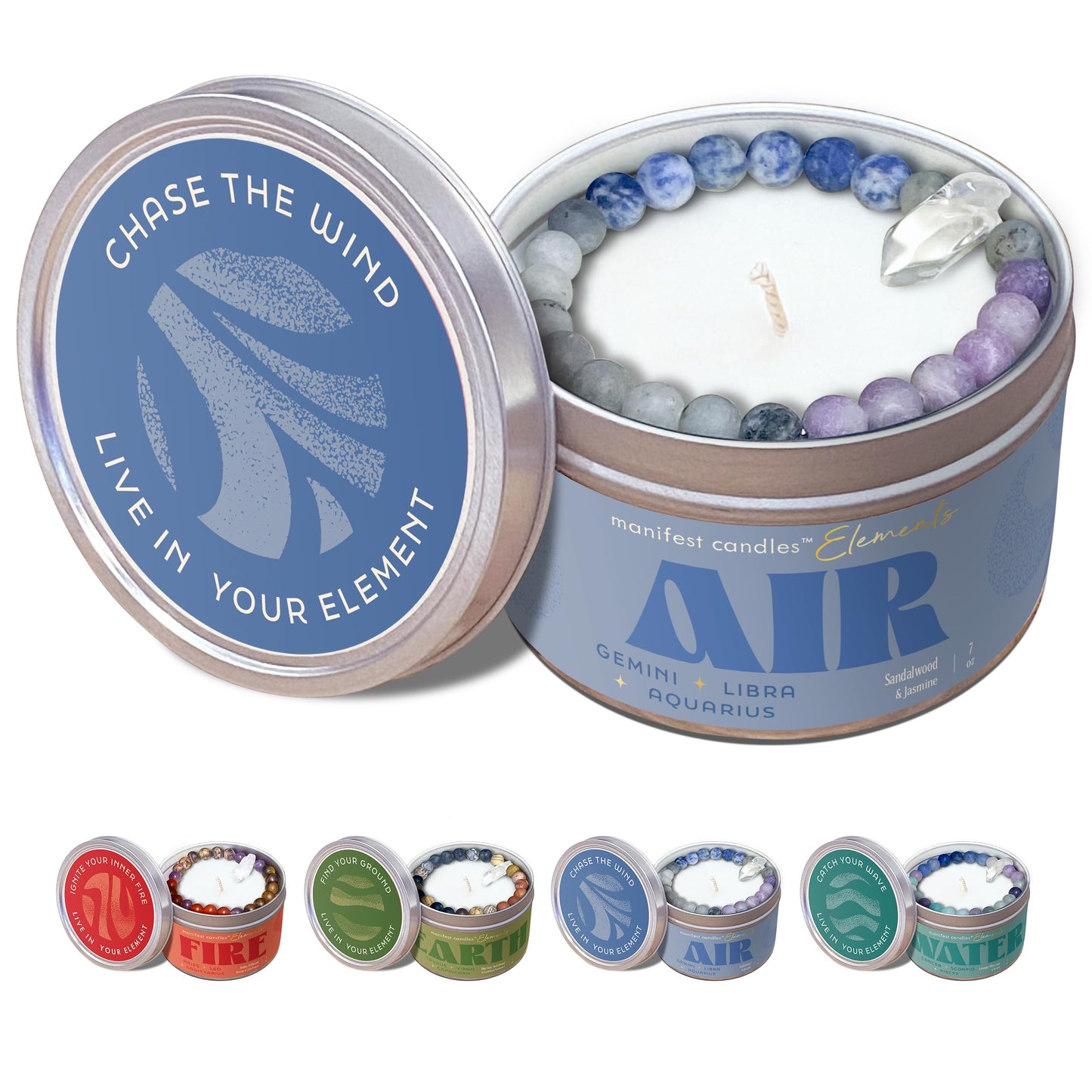 Zodiac Air Candle for Aquarius, Gemini & Libra – Crystals Inside Gift Set (45-Hour Burn)