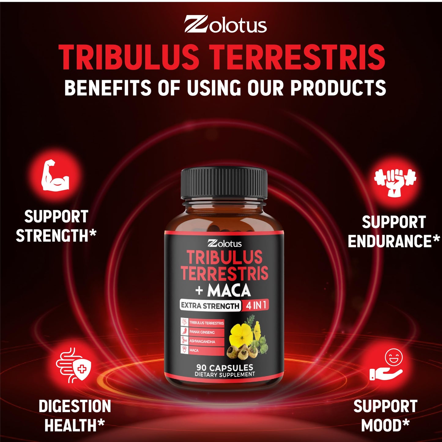 Zolotus 2 Packs Tribulus Terrestris with Maca Root Ashwagndha Root Panax Ginseng - 6 Months Supply