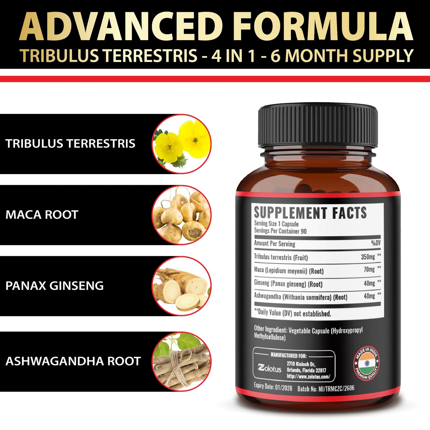 Zolotus 2 Packs Tribulus Terrestris with Maca Root Ashwagndha Root Panax Ginseng - 6 Months Supply
