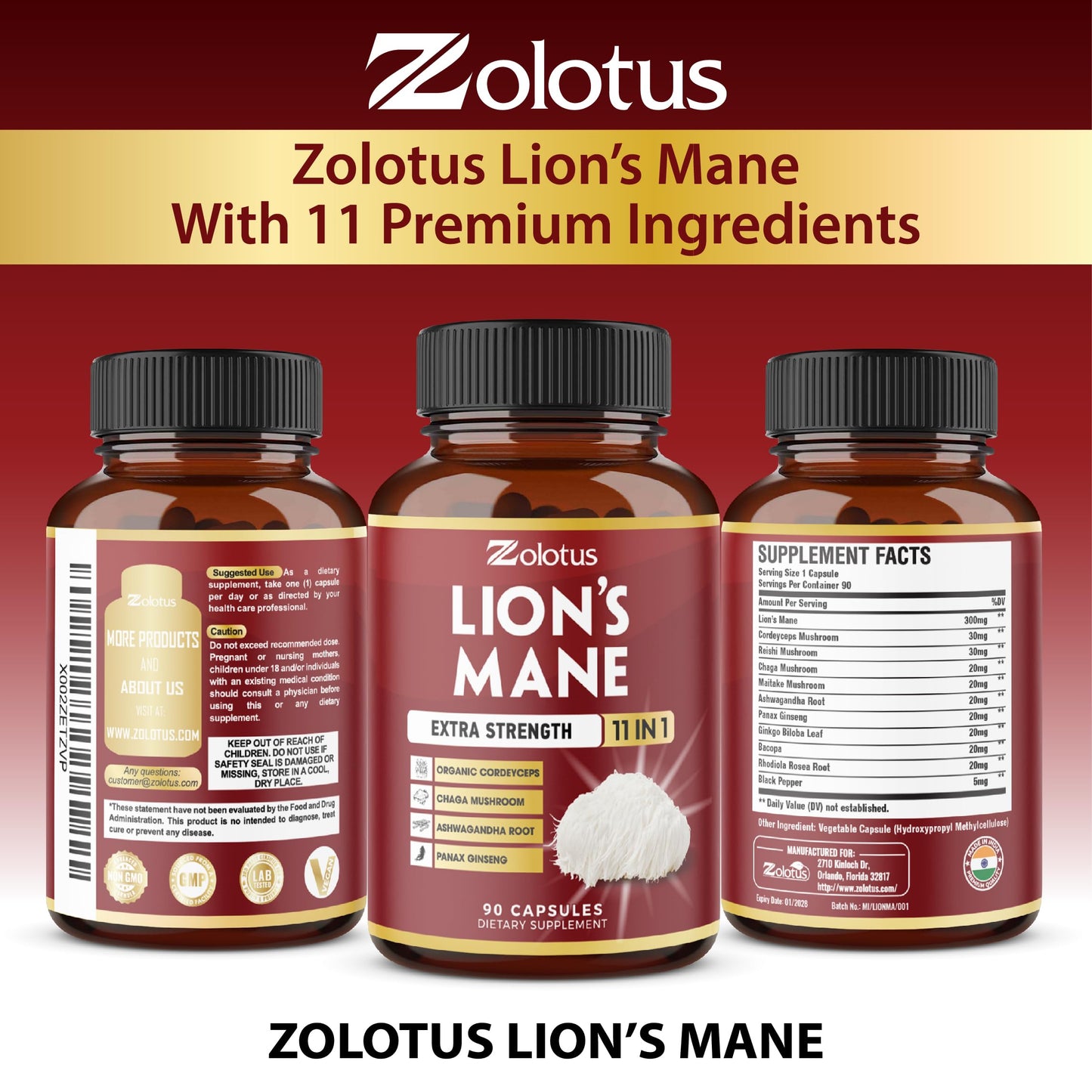 Zolotus 11 in 1 Lion's Mane Capsules – 3 Month Supply with Cordyceps, Reishi & Ginseng