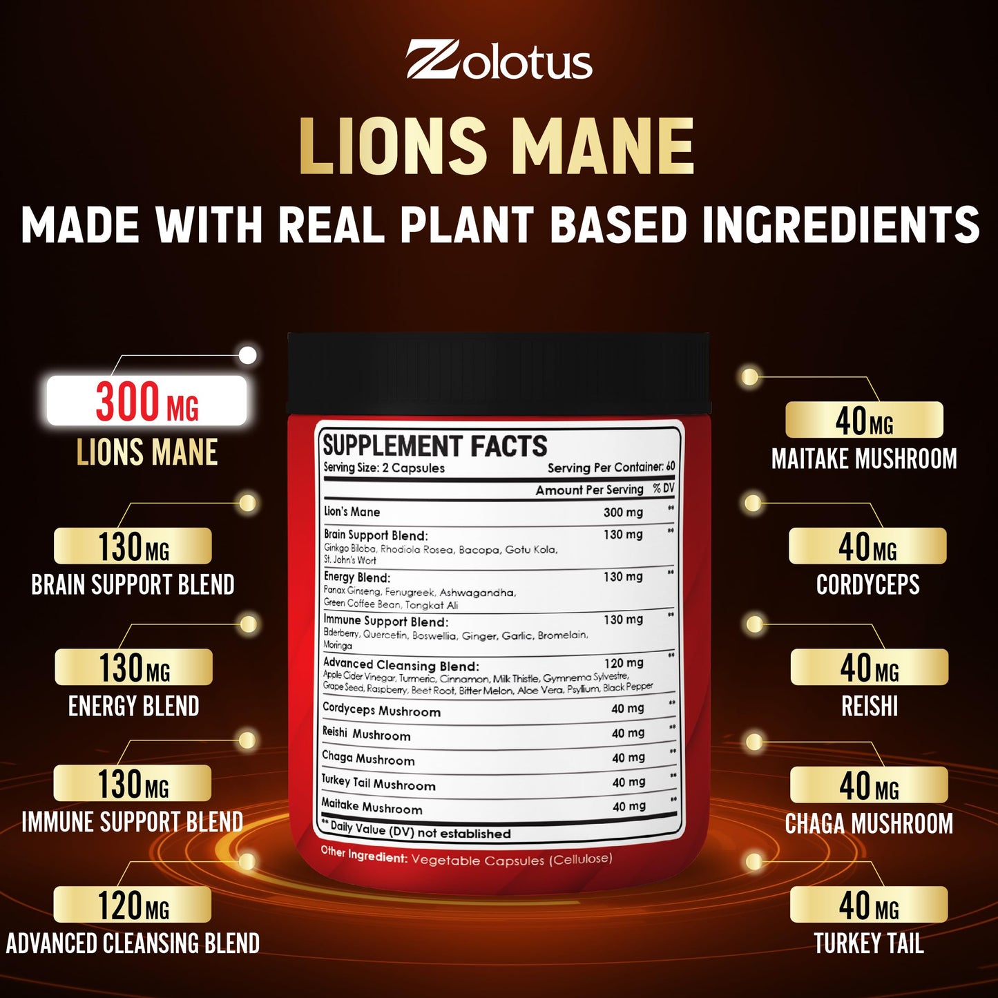 Zolotus 35 in 1 Lions Mane Mushroom Capsules Cordeyceps, Reishi, Elderberry, Ashwagandha, Panax Ginseng - 120 Count