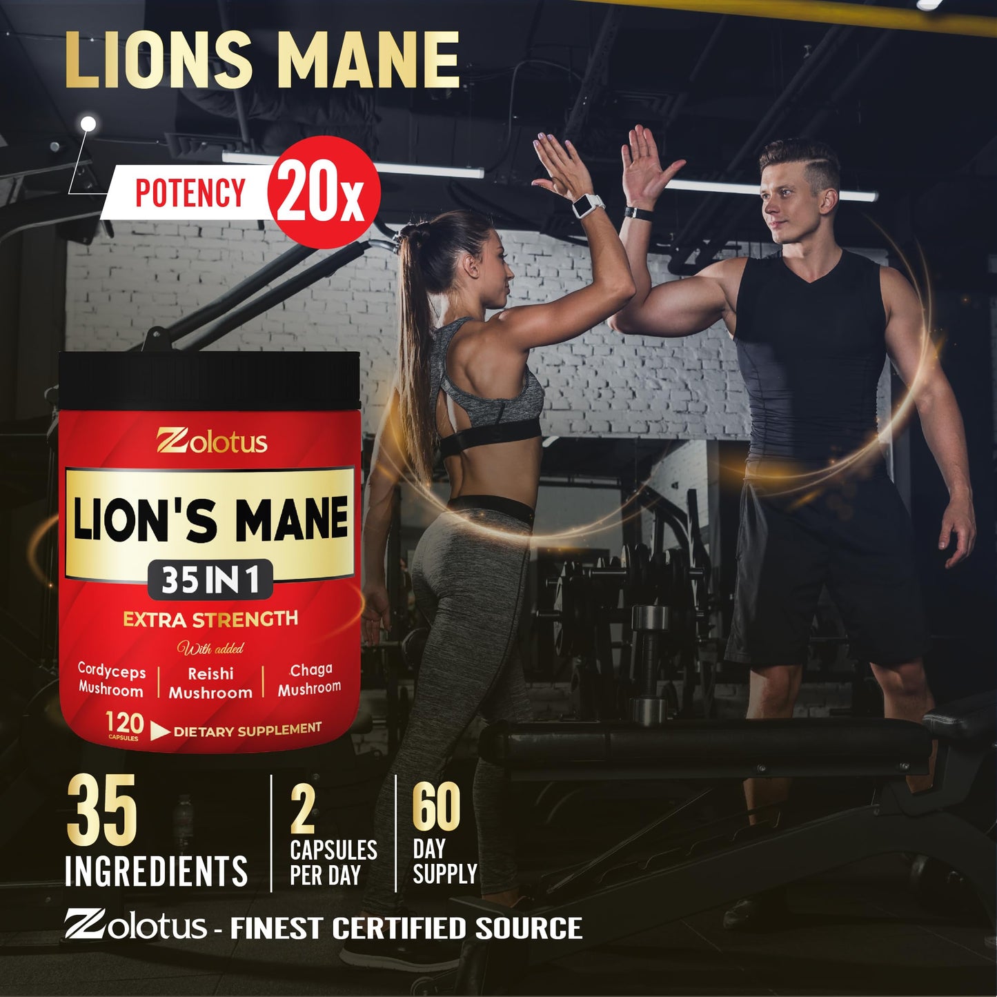 Zolotus 35 in 1 Lions Mane Mushroom Capsules Cordeyceps, Reishi, Elderberry, Ashwagandha, Panax Ginseng - 120 Count