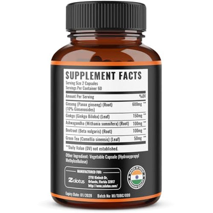 Zolotus Korean Red Panax Ginseng + Ginkgo Biloba, Ashwagandha, Beetroot, Green Tea - 120 Capsules (Pack of 2)