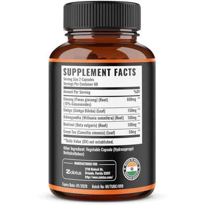 Zolotus Panax Ginseng + Ginkgo Biloba – 120 Capsules (2-Month Supply)
