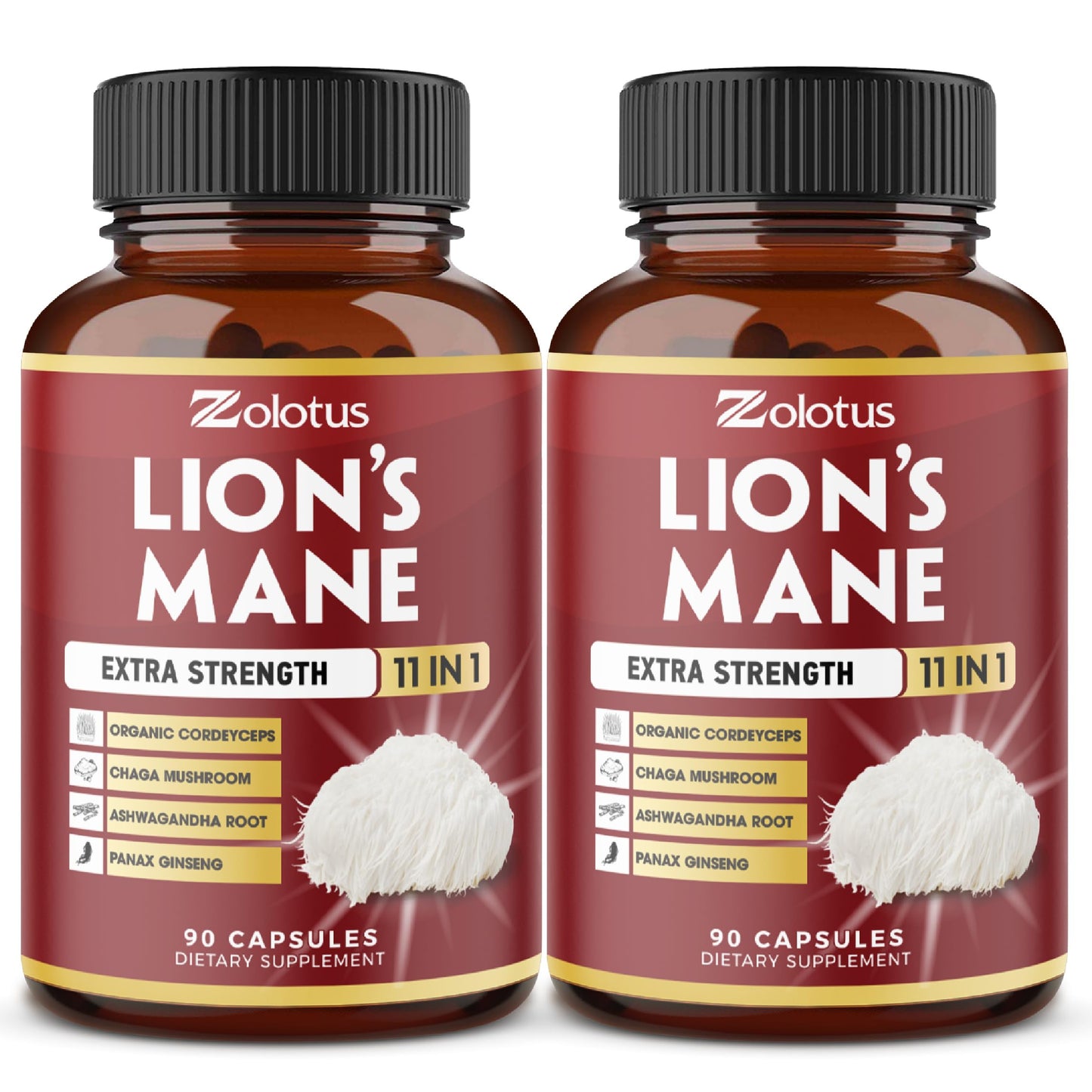 Zolotus Lions Mane Mushroom Supplement – 2 Pack (90 Capsules) with Cordeyceps, Reishi, Ashwagandha | 6 Month Supply