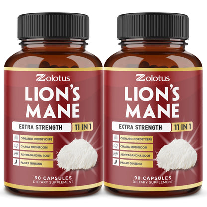 Zolotus Lions Mane Mushroom Supplement – 2 Pack (90 Capsules) with Cordeyceps, Reishi, Ashwagandha | 6 Month Supply