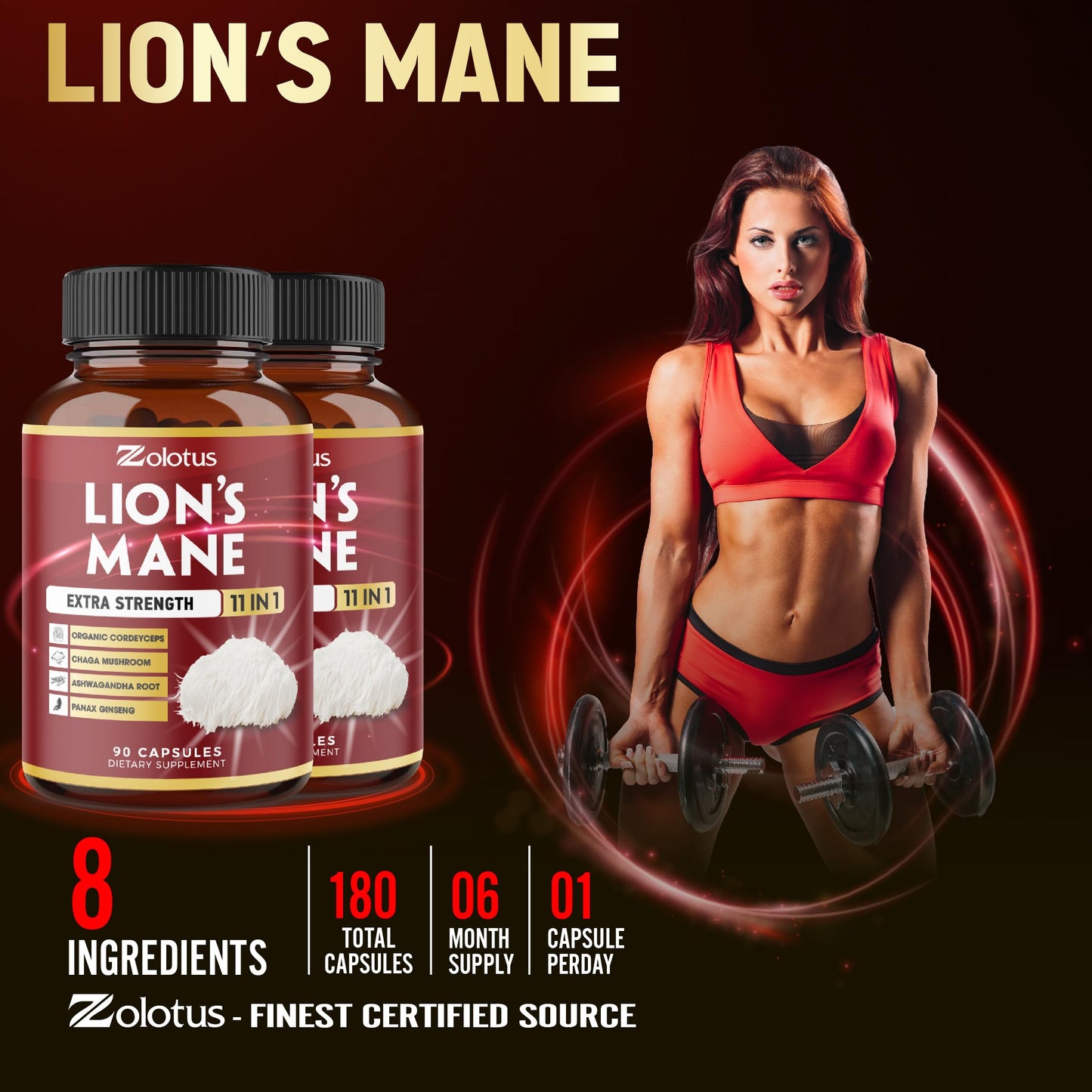 Zolotus Lions Mane Mushroom Supplement – 2 Pack (90 Capsules) with Cordeyceps, Reishi, Ashwagandha | 6 Month Supply