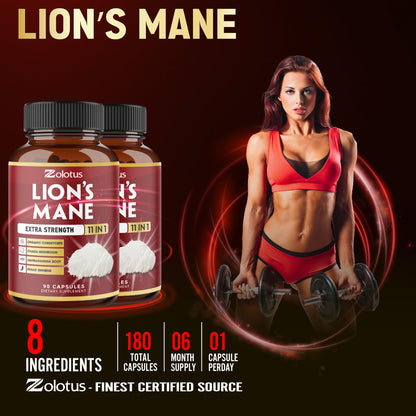 Zolotus Lions Mane Mushroom Supplement – 2 Pack (90 Capsules) with Cordeyceps, Reishi, Ashwagandha | 6 Month Supply