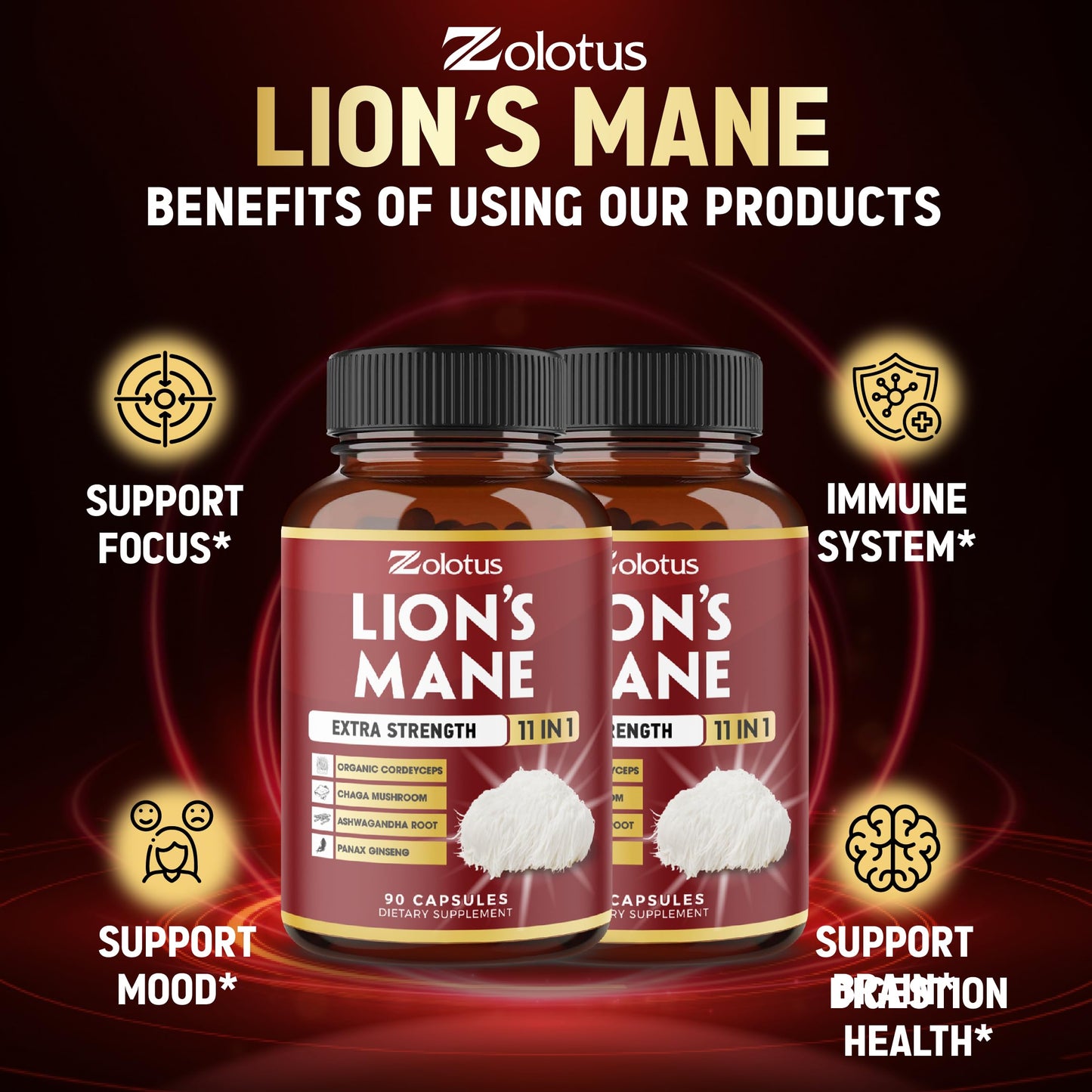 Zolotus Lions Mane Mushroom Supplement – 2 Pack (90 Capsules) with Cordeyceps, Reishi, Ashwagandha | 6 Month Supply