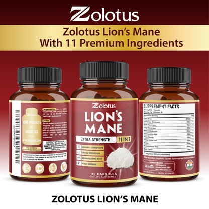 Zolotus Lions Mane Mushroom Supplement – 2 Pack (90 Capsules) with Cordeyceps, Reishi, Ashwagandha | 6 Month Supply