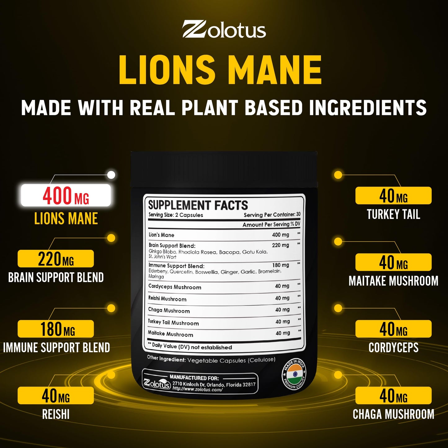 Zolotus Lions Mane Capsules with Cordyceps – 60 Count | Brain & Immune Support