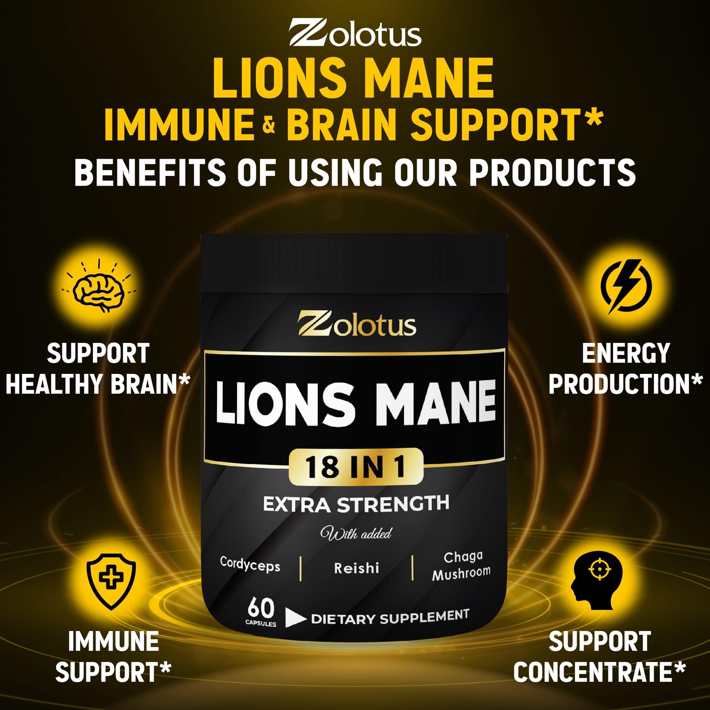 Zolotus Lions Mane Capsules with Cordyceps – 60 Count | Brain & Immune Support