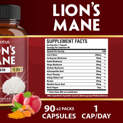 Zolotus Lions Mane Mushroom Supplement – 2 Pack (90 Capsules) with Cordeyceps, Reishi, Ashwagandha | 6 Month Supply