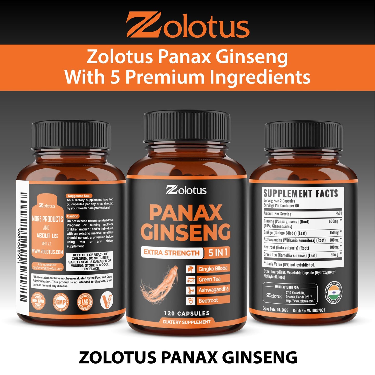 Zolotus Korean Red Panax Ginseng + Ginkgo Biloba, Ashwagandha, Beetroot, Green Tea - 120 Capsules (Pack of 2)
