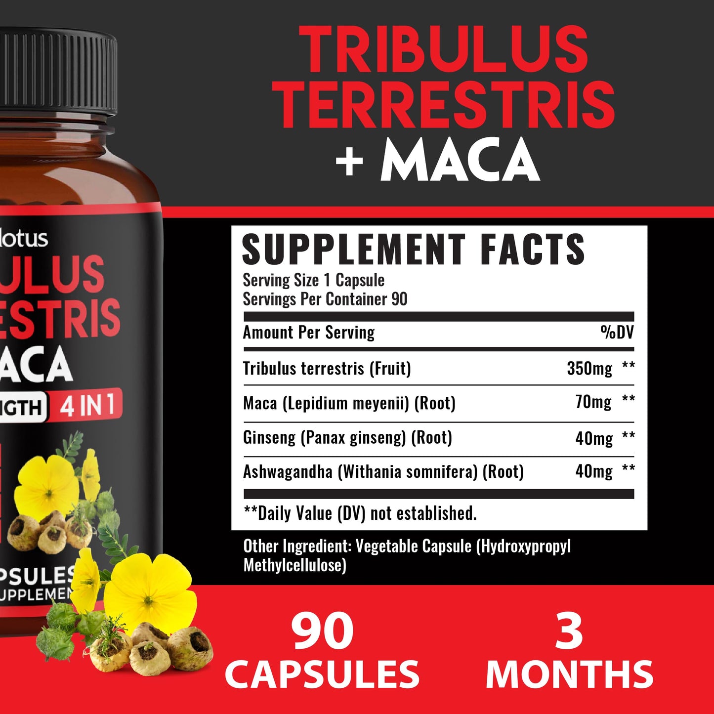 Zolotus Premium Tribulus Terrestris Capsules with Ashwagandha, Panax Ginseng & Maca – 90 Count (3 Months)
