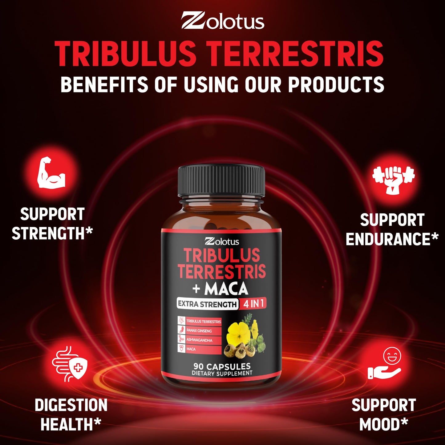 Zolotus Premium Tribulus Terrestris Capsules with Ashwagandha, Panax Ginseng & Maca – 90 Count (3 Months)