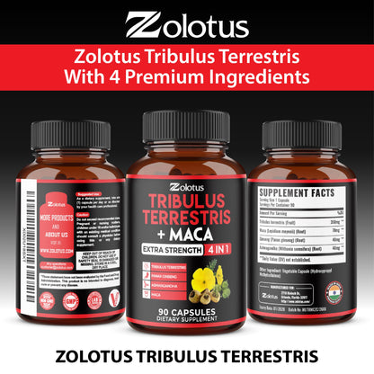 Zolotus Premium Tribulus Terrestris Capsules with Ashwagandha, Panax Ginseng & Maca – 90 Count (3 Months)