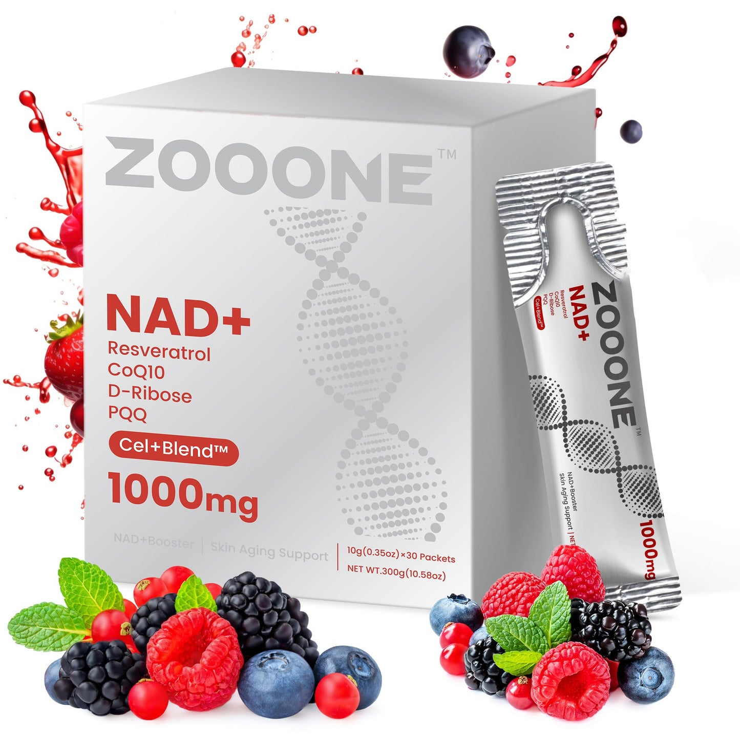 Zooone NAD+ 1000mg Liquid Packets — Premium Nicotinamide Riboside & Resveratrol for Cellular Energy (30-Pack)
