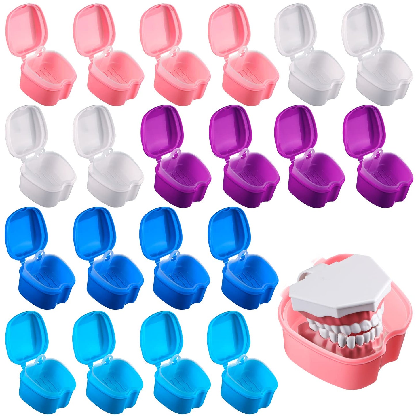 Zubebe 20 Pcs Denture Case Set with Strainer Basket – 5 Colors, Travel Denture Bath & Retainer Holder