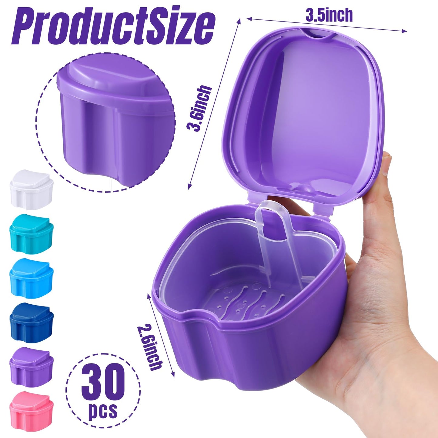 Zubebe 30 Pcs Denture Case with Strainer Basket - 5 Colors for Travel & Home