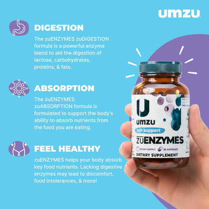 UMZU ZuEnzymes Digestive Enzymes Supplement — 21 Enzymes for Gut Health, Digestion & Nutrient Absorption (30 Day Supply, 30 Capsules)