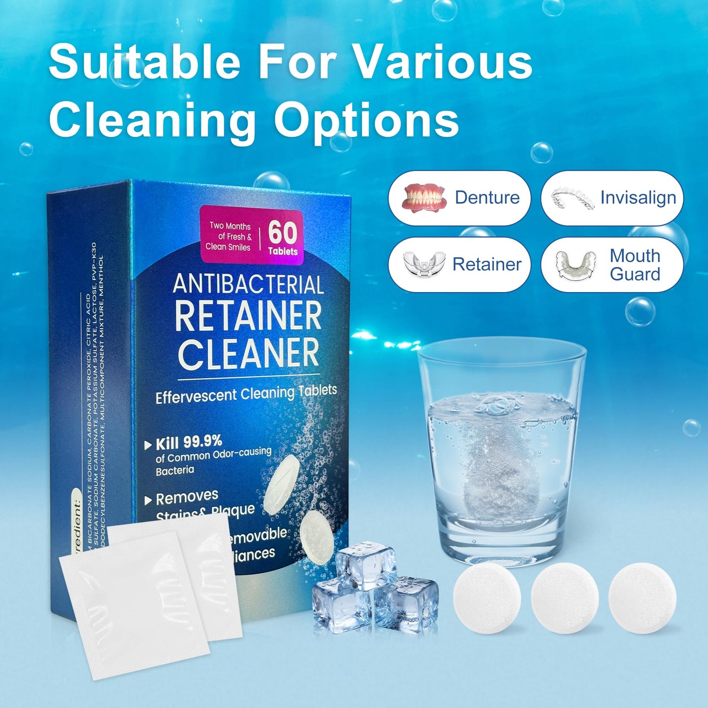 Zyntieu 23mm Retainer Cleanser Tablets | Ultrasonic Cleaner for Dentures & Invisalign - 60-Pack