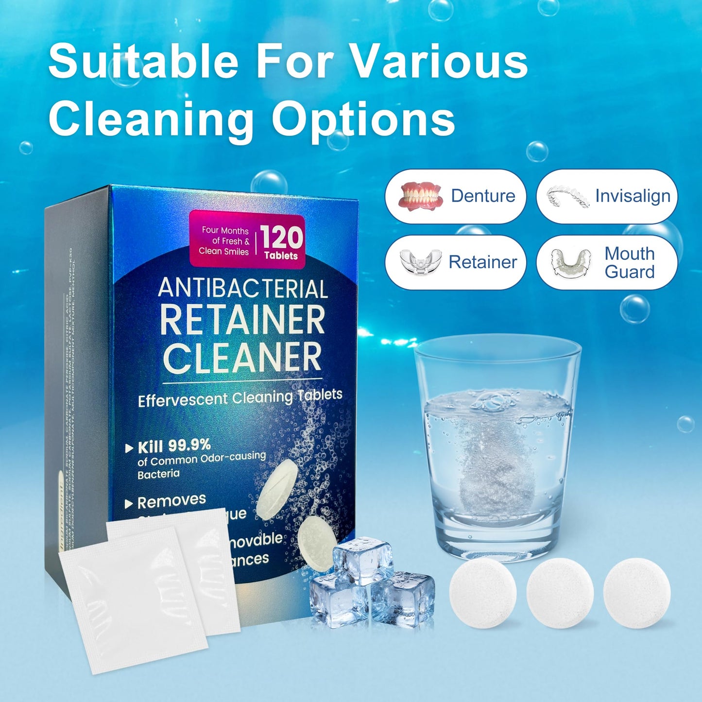Zyntieu 23mm Retainer Cleanser Tablets – 120 Pack for Dentures & Invisalign