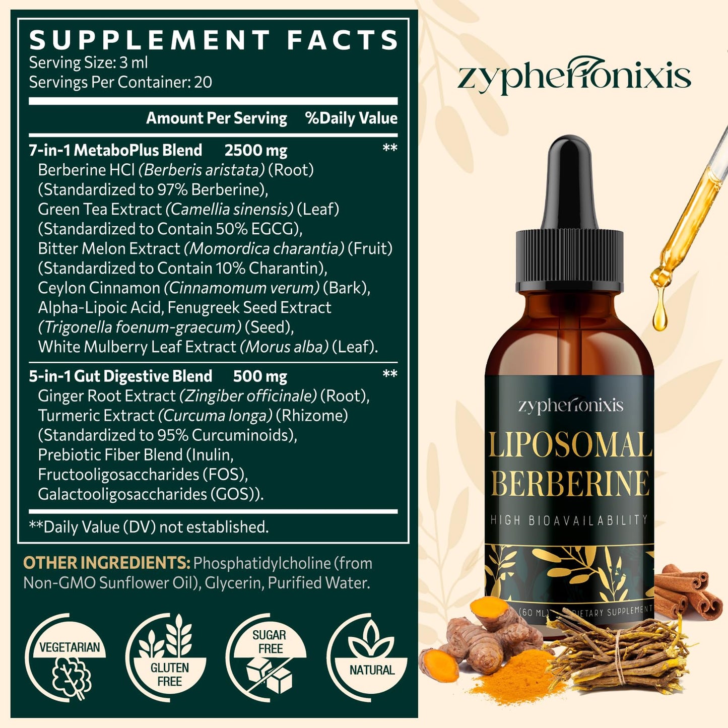 Zypherionixis Liposomal Berberine HCL Drops 3000mg – Sugar Free AMPK Activator (2 oz)