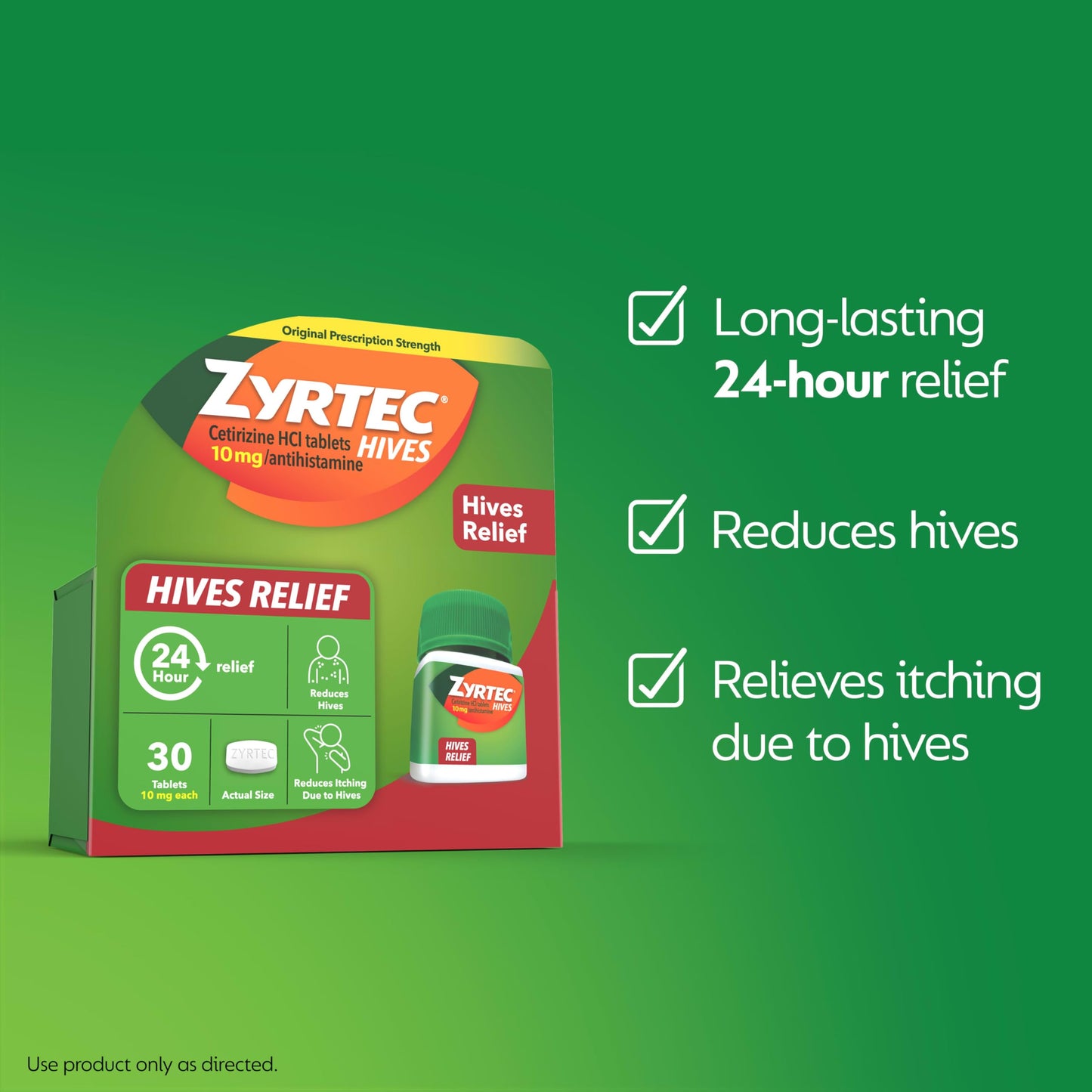 Zyrtec 24 Hour Hives Relief Tablets, 10 mg Cetirizine HCl – Fast Itch & Hive Relief, 30 Count