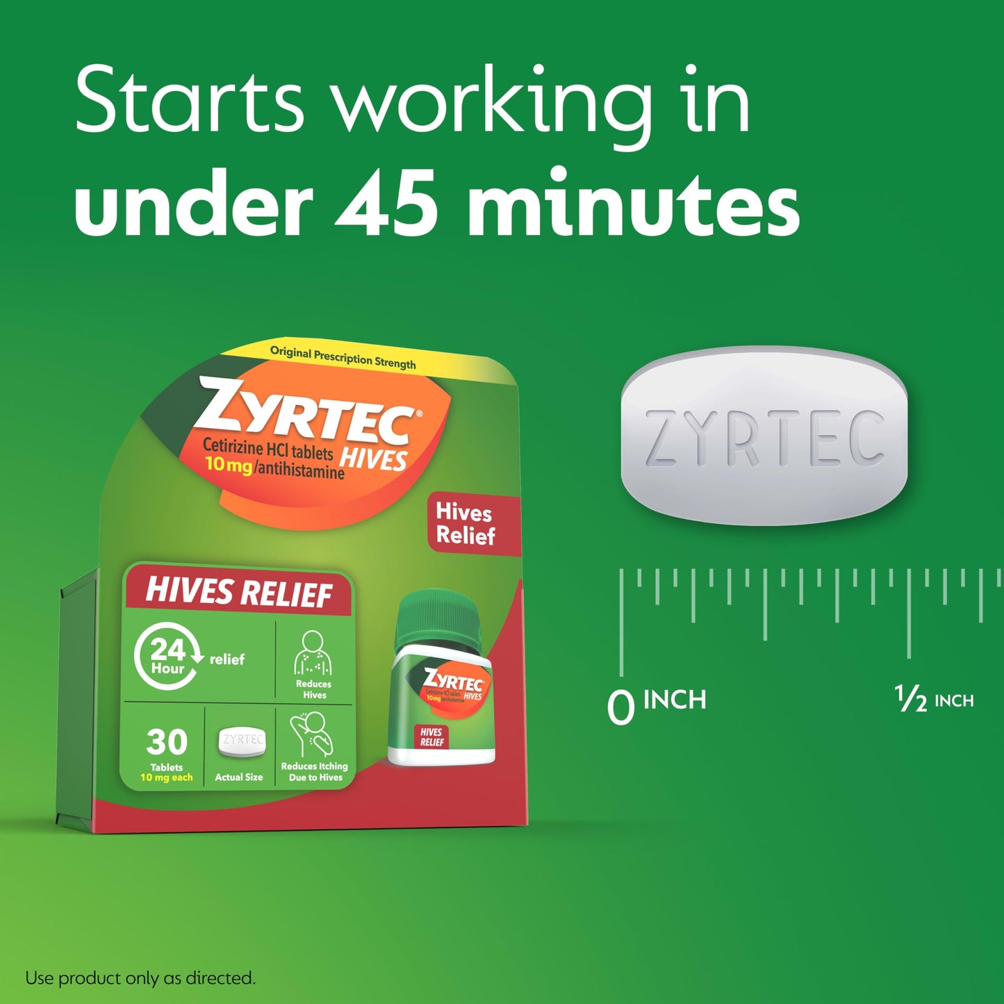 Zyrtec 24 Hour Hives Relief Tablets, 10 mg Cetirizine HCl – Fast Itch & Hive Relief, 30 Count