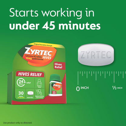 Zyrtec 24 Hour Hives Relief Tablets, 10 mg Cetirizine HCl – Fast Itch & Hive Relief, 30 Count